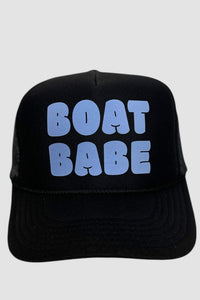 Black trucker hat with Boat Babe written on front in blue bubble letters.