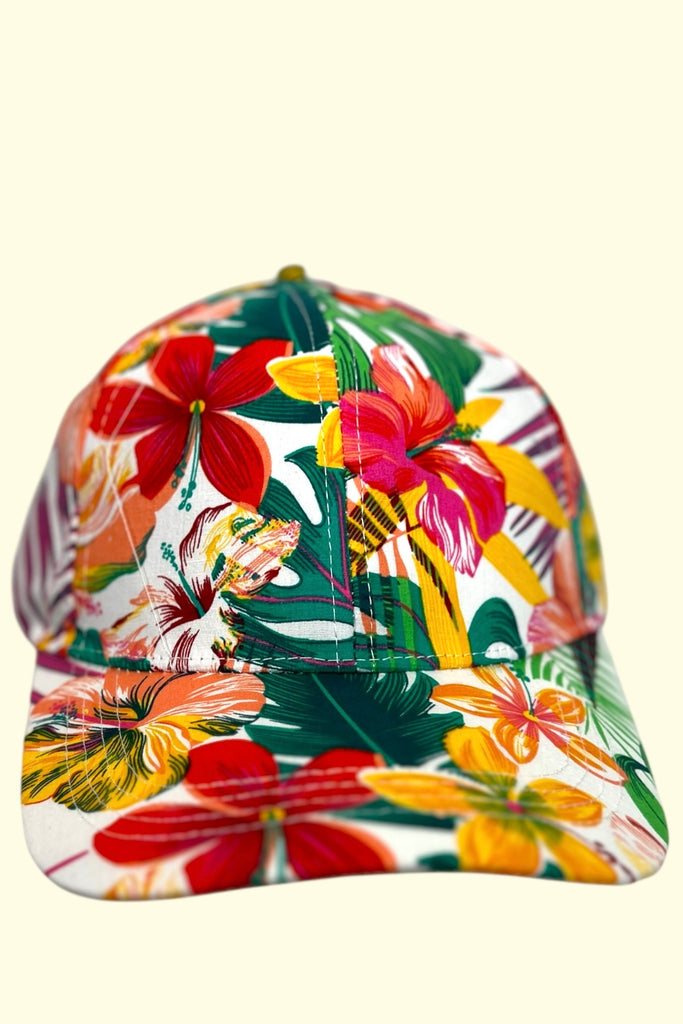 Women's baseball cap in white with all over bright tropical print.