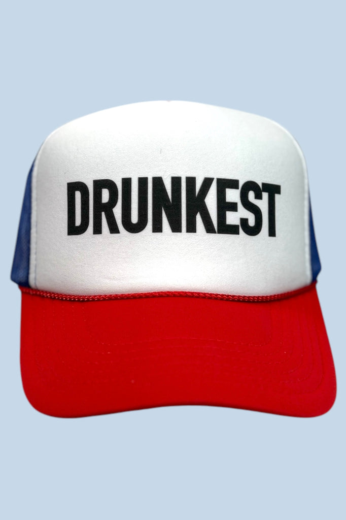 Red, white, and blue foam front trucker hat with the phrase "DRUNKEST" printed across the front panel. 