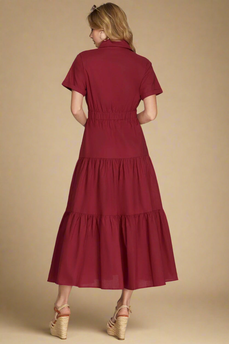 Tiered Button Down Maxi Dress - Berry