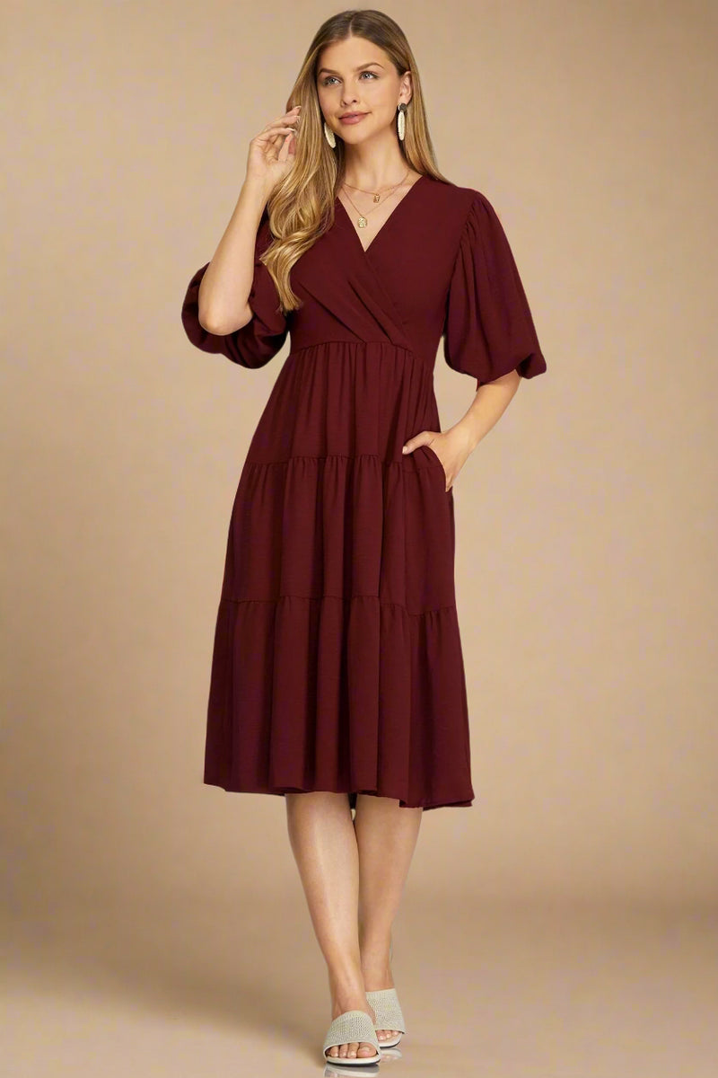 Balloon Sleeve Tiered Midi Dress - Wine
