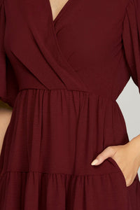 Balloon Sleeve Tiered Midi Dress - Wine