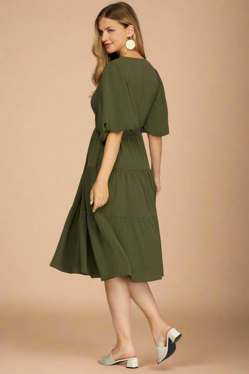 Balloon Sleeve Tiered Midi Dress - Olive