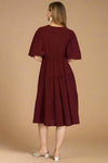 Balloon Sleeve Tiered Midi Dress - Wine