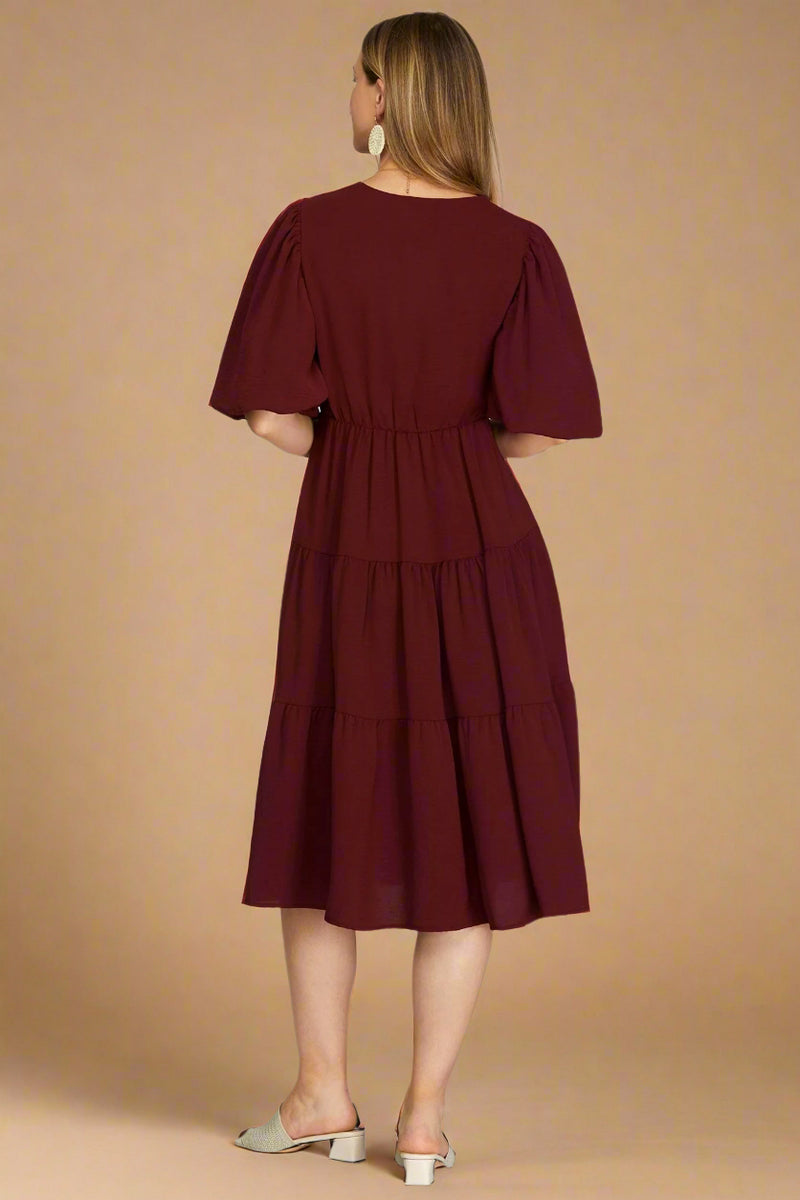 Balloon Sleeve Tiered Midi Dress - Wine