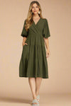 Balloon Sleeve Tiered Midi Dress - Olive