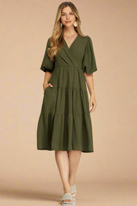 Balloon Sleeve Tiered Midi Dress - Olive