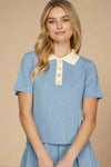 Contrast Collar Light Sweater Top - Blue