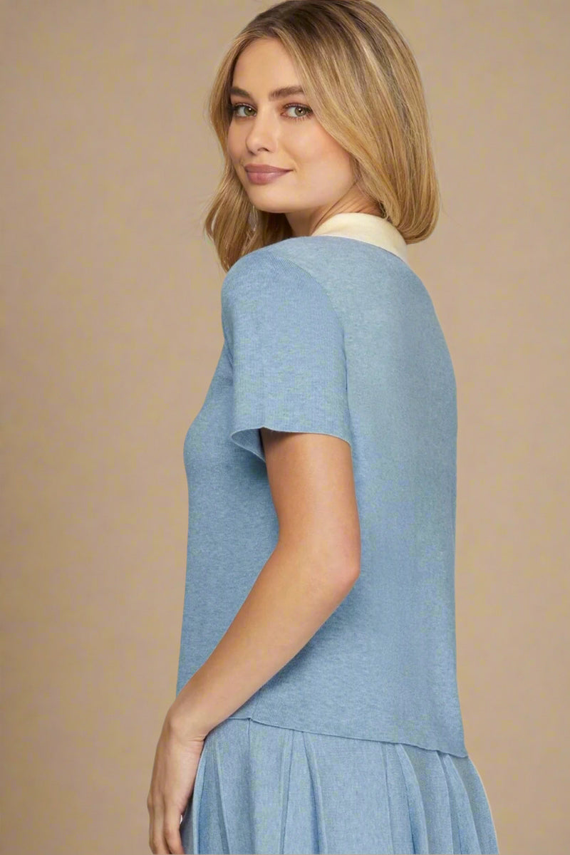 Contrast Collar Light Sweater Top - Blue