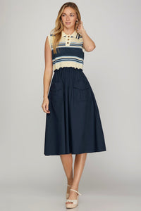 Collared Knit Top Utility Skirt Dress - Navy