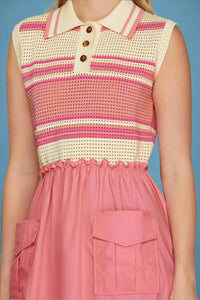 Collared Knit Top Utility Skirt Dress - Pink