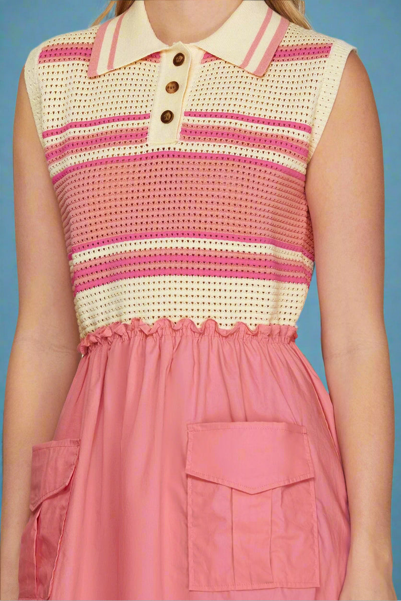 Collared Knit Top Utility Skirt Dress - Pink