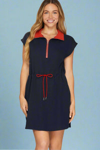 Zip Up Collared Mini Dress - Navy