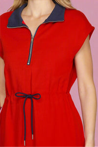Zip Up Collared Mini Dress - Red