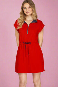 Zip Up Collared Mini Dress - Red