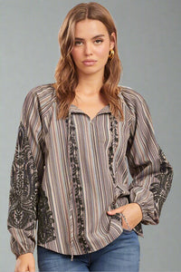 Embroidered Bishop Sleeve Top Black