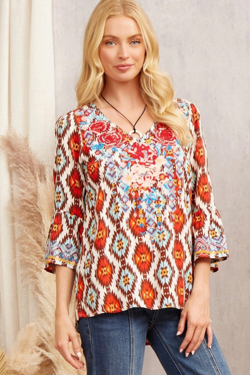 Long Sleeve Fall Embroidered Top - Red