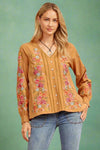 Mustard V-Neck Embroidered Top