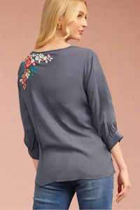 Round Neck Embroidered Charcoal Top