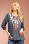 Round Neck Embroidered Charcoal Top