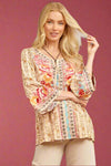 Split Neck Bell Sleeve Embroidered Top Mocha