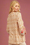 Split Neck Bell Sleeve Embroidered Top Mocha