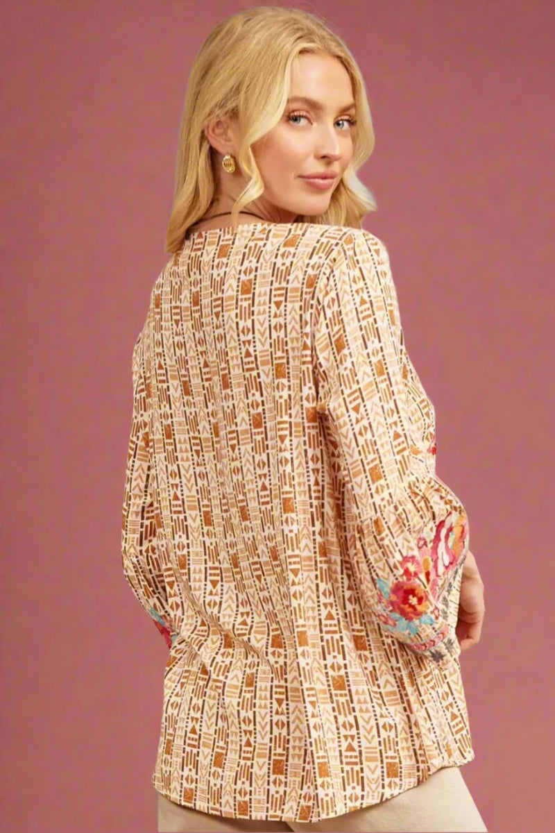Split Neck Bell Sleeve Embroidered Top Mocha