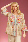 Split Neck Bell Sleeve Embroidered Top Mocha