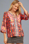 Split Neck Bell Sleeve Embroidered Top Red