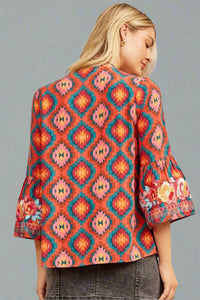 Split Neck Bell Sleeve Embroidered Top Red