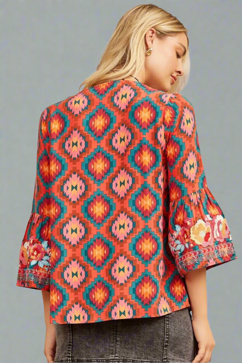 Split Neck Bell Sleeve Embroidered Top Red