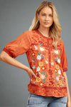 Mandarin Collar Embroiderd Top Orange