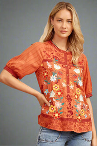 Mandarin Collar Embroiderd Top Orange
