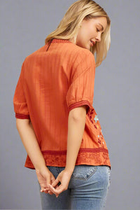 Mandarin Collar Embroiderd Top Orange