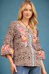 Split Neck Bell Sleeve Embroidered Top Black