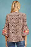 Split Neck Bell Sleeve Embroidered Top Black