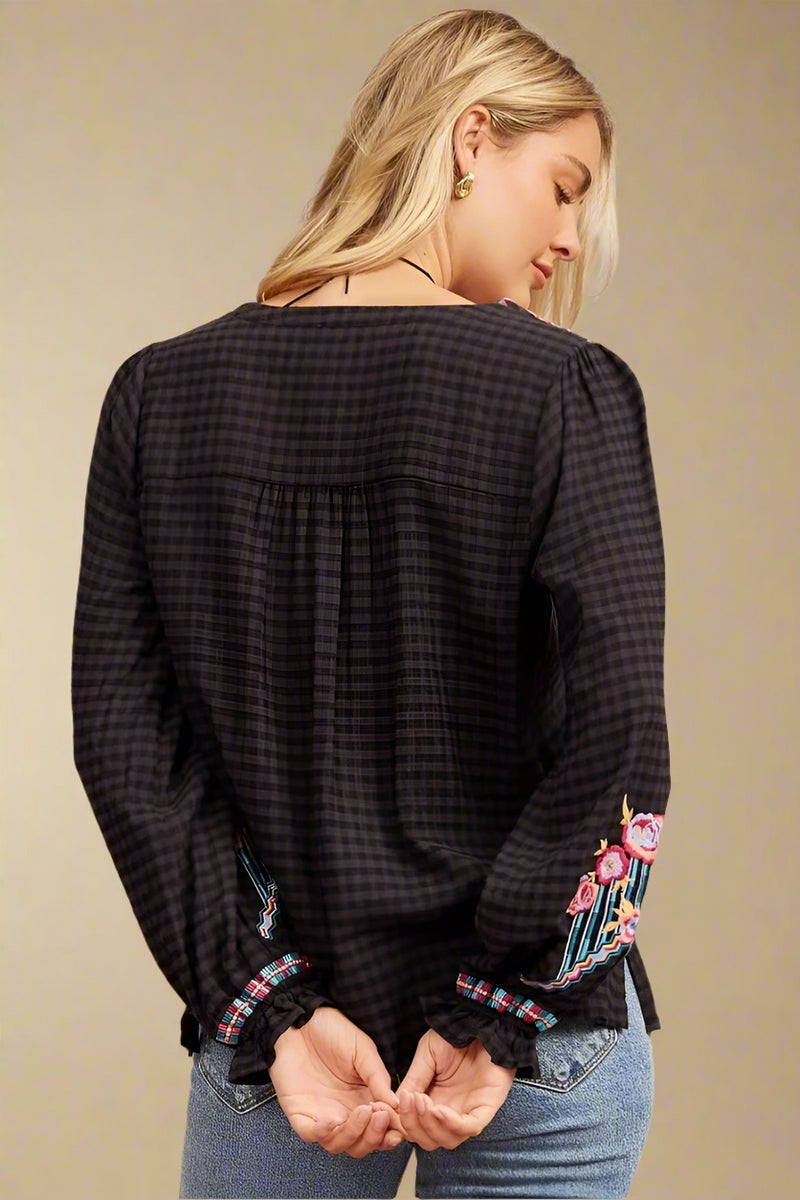 Black Checkered Embroidered Top