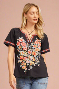 Scandinavian Inspired Embroidered Top Black