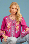 Split Neck Bell Sleeve Embroidered Top Magenta