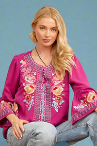 Split Neck Bell Sleeve Embroidered Top Magenta
