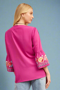 Split Neck Bell Sleeve Embroidered Top Magenta