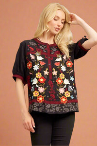 Mandarin Collar Embroiderd Top Black