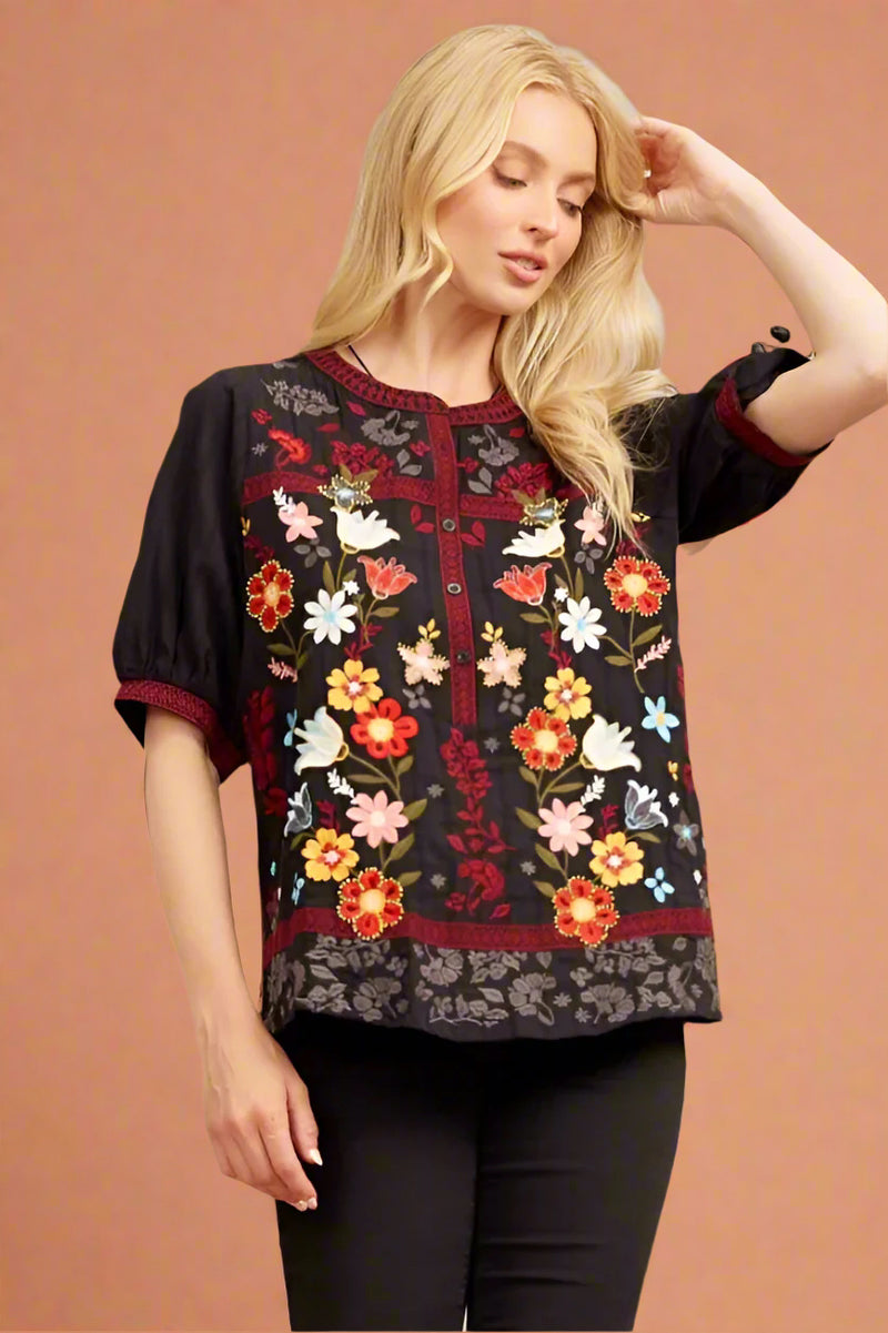 Mandarin Collar Embroiderd Top Black