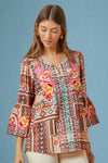Split Neck Bell Sleeve Embroidered Top Multi Pink