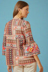 Split Neck Bell Sleeve Embroidered Top Multi Pink