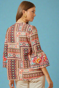 Split Neck Bell Sleeve Embroidered Top Multi Pink