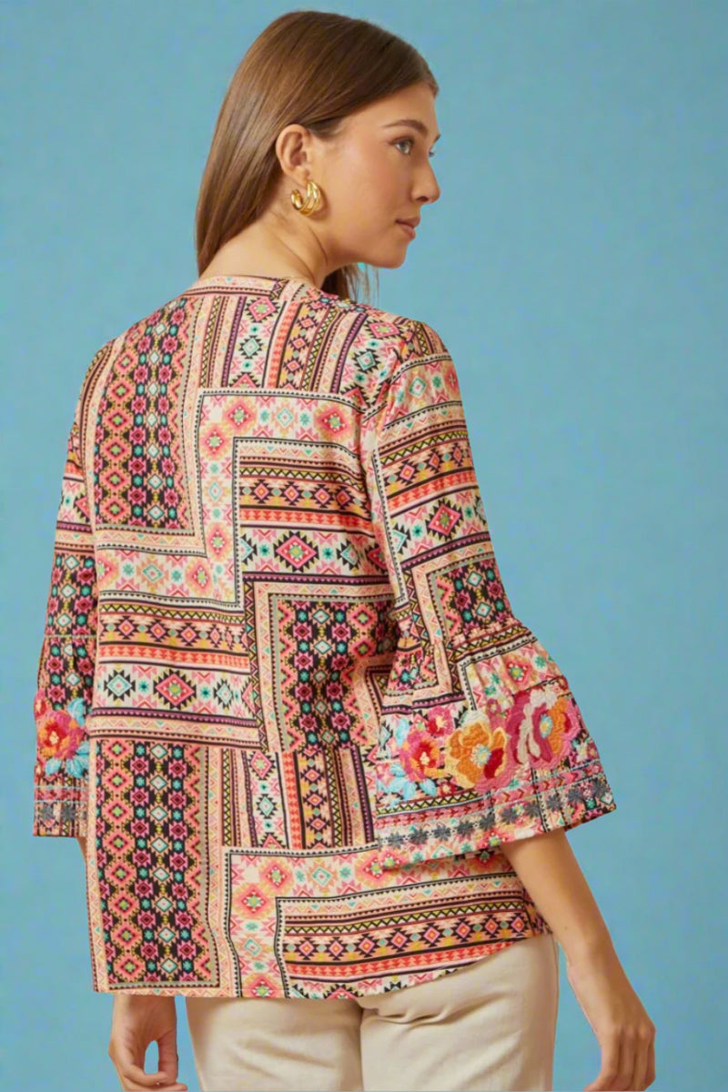 Split Neck Bell Sleeve Embroidered Top Multi Pink