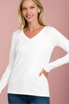 A womens basic cotton blend long sleeve t-shirt with v-neckline in white.