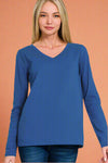 A womens basic cotton blend long sleeve t-shirt with v-neckline in navy blue.