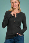 A womens basic lightweight long sleeve top in black featuring a soft rib knit material and henley neckline.